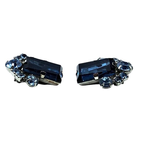 Vintage Blue Rhinestone Earrings Two Tone Blue Checkerboard Clip On Costume Jewe - Picture 4 of 10